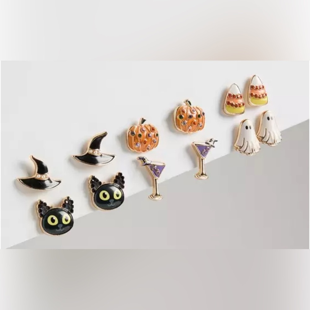 #x410 Torrid Halloween Stud Earring 6-Pack Blingy Pumpkin Cat Hat Ghost Cocktail